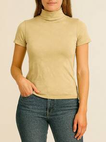 Women's Ribbed Mock Neck Short Sleeve Slim Fit Knit Top, Lightweight Stretchy Soft Tee Shirt, Casual Minimalist High Neck Pullover For Work, Travel And Everyday Wear, Classic Beige - 米色 - 查看 2