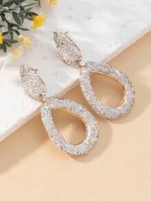 1pair New Fashion Simple Personalized Water Drop Shaped Full Diamond Hollow Out Women's Earrings - Silver - View 2