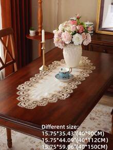 1 件缎面提花桌旗，精致水溶性刺绣蕾丝花边，简约高端设计，适合所有季节，可用作厨房/餐桌旗、餐垫、野餐垫、礼物、橱柜围巾、家居装饰、家庭聚会、节日装饰，适用于室内/室外、别墅、派对、婚礼 - 米色 - 查看 4
