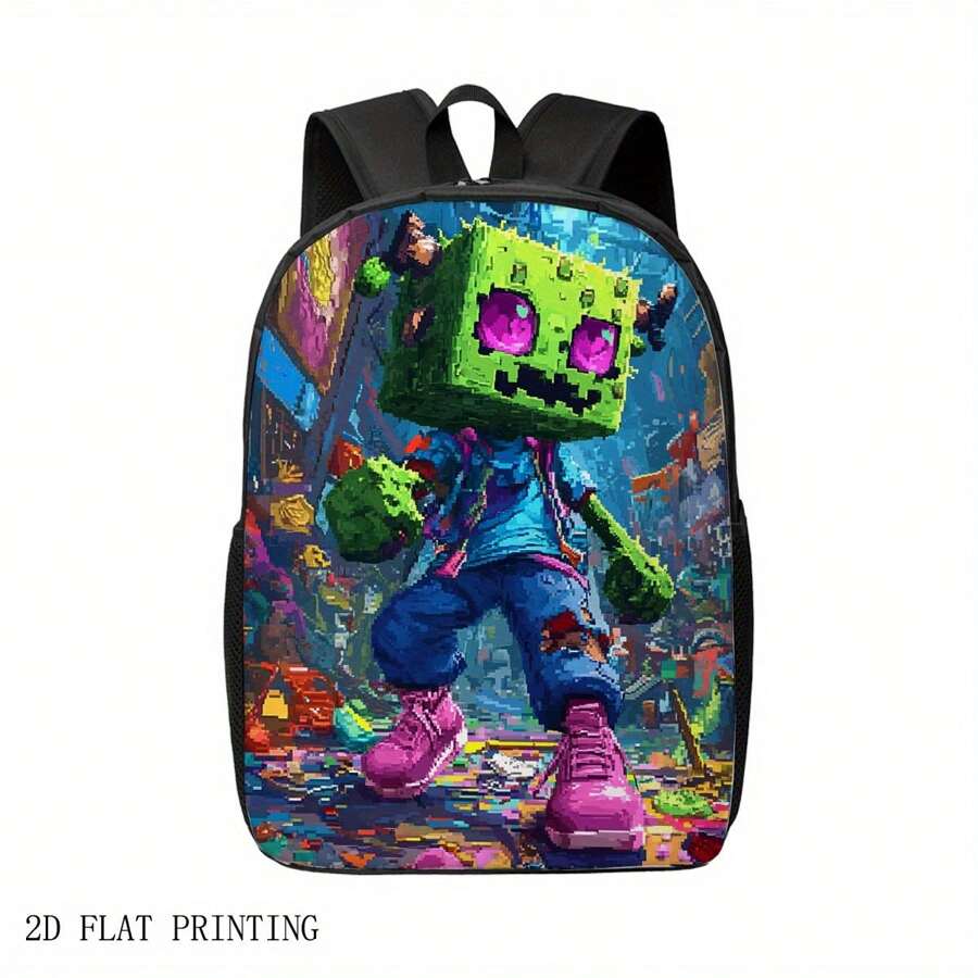 1pc Futuristic Pixel Art Backpack - Vibrant Urban Scene With Animated Character, Bold Colors, Adjustable Straps & Zipper Closure For School, College, Travel, Backpack For School, College Accessory, Playful Design, Durable Fabric, For Teenager - 如圖 - 查看 1