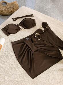 Summer Sexy Solid Color Buckle Backless Bikini Swimsuit Set, For Beach And Holiday Vacation - Coffee Brown - View 6