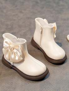 Kids' Leather Ankle Boots - Black, White, Bow & Faux Pearl "Back To School Season""Black Leather Shoes""School Shoes""Young Girls' Shoes""Girls' Shoes"