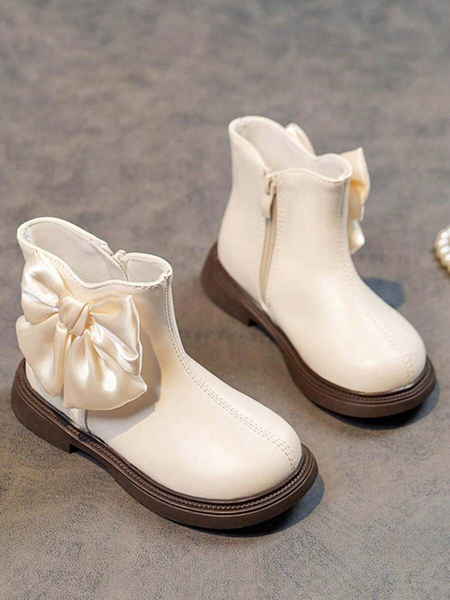 Kids' Leather Ankle Boots - Black, White, Bow & Faux Pearl "Back To School Season""Black Leather Shoes""School Shoes""Young Girls' Shoes""Girls' Shoes"