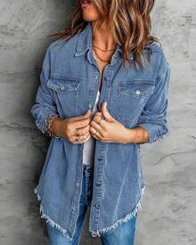 Vetinee Women's Oversized Button Up Frayed Hem Shacket Long Sleeve Pockets Denim Jean Jacket - Medium Blue - 查看 4