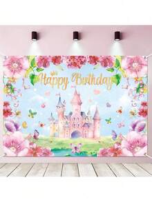 Princess Castle Theme Birthday Party Backdrop Decoration; Butterfly Princess Castle Backdrop, Birthday Party, Theme Party, Photo Studio Photo Background Decoration