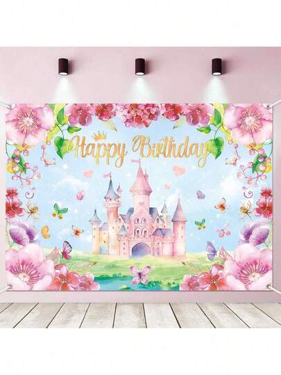 Princess Castle Theme Birthday Party Backdrop Decoration; Butterfly Princess Castle Backdrop, Birthday Party, Theme Party, Photo Studio Photo Background Decoration