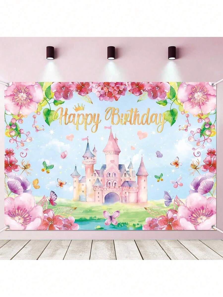 Princess Castle Theme Birthday Party Backdrop Decoration; Butterfly Princess Castle Backdrop, Birthday Party, Theme Party, Photo Studio Photo Background Decoration