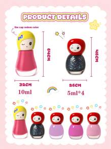 儿童水性可剥指甲油套装，快干指甲油，适合女孩、青少年的水性可剥指甲油，1 套 4 件 * 5ML 和 1 件 * 10ML 可剥指甲油，The Cap Redom 颜色，红色、粉色、橙色、黄色、绿色指甲油，美甲沙龙，美甲用品，儿童礼物，女孩，指甲油