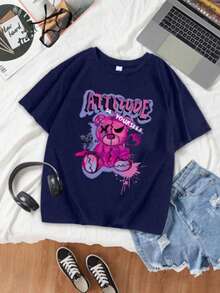 休闲泰迪熊印花短袖柔软T恤，街头风夏季上衣 - 藏蓝色 - 查看 2