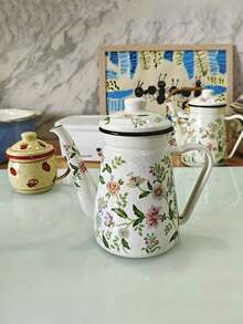 1pc/2pcs Colorful Enameled Coffee/Tea Pot, 1.2L Delicate Enamel Coffee Pot, Handle Pot Coffee Pot, Slim Spout Oil Pot Kettle, Family Boiling Pot, Tea Pot, Gift Pot For Home, Cafe, Party, Household Decor, Small Items Storage Bowl, Coffee Beans, Tea Leaves Storage, Tea Set Accessories, Thick Manual Tilting Water Pot, Floral Pattern Tea Pot, For Electric Or Gas Stove Coffee/Tea Brewing