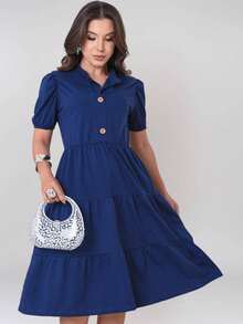 Milimetrica Women's Midi Dress Elegant Comfortable Cool Evangelical Fashion Cotton - 藍色 - 查看 7