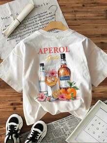 [Double-Sided Print, Front And Back] [Directional] Short-Sleeved, Crew-Neck, Pure Cotton T-Shirt With Retro-Style Aperol Spritz Cocktail Print - White - View 3