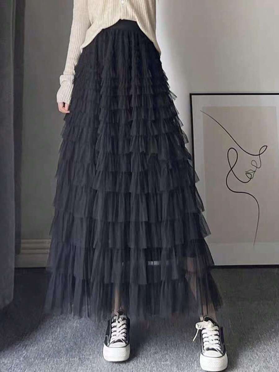 Women's High Waist Multi Layer Tulle Skirt With Cute Fairy - Black - View 1