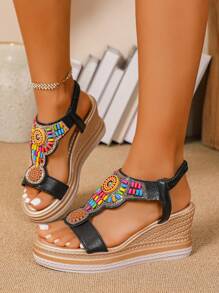 女士纯色波西米亚坡跟凉鞋，高跟厚底罗马弹性水钻露趾沙滩鞋