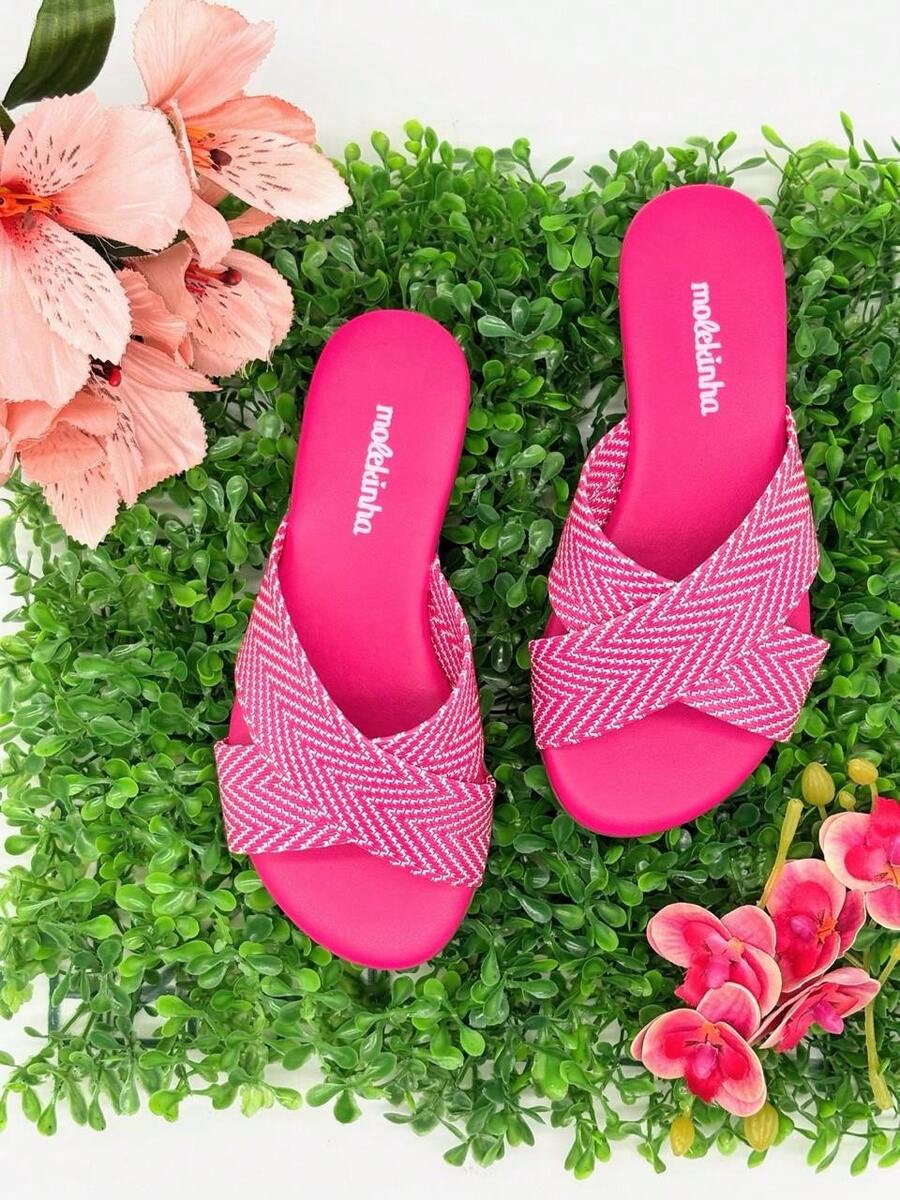 Girls' Flat Sandals, Slide Molekinha, Comfortable Youth - Kepang merah muda - View 1