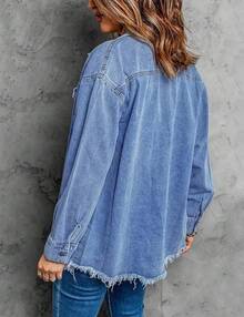 Vetinee Women's Oversized Button Up Frayed Hem Shacket Long Sleeve Pockets Denim Jean Jacket - Wave Blue - 查看 3