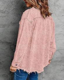 Vetinee Women's Oversized Button Up Frayed Hem Shacket Long Sleeve Pockets Denim Jean Jacket - 藕粉色 - 查看 2