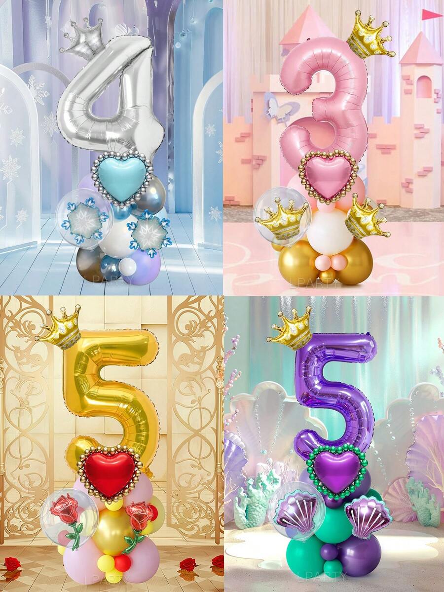 25pcs/Set Royal Princess Theme Luxury Party Decoration Balloon Set - Includes 32-Inch (Approx. 80cm) Deluxe Number Balloons (0-9 Silver/Pearl Pink/Purple/Gold), 18-Inch Clear Balloons, 10-Inch Romantic Heart Balloons (Red/Purple/Pink/Blue), And Exquisite Mini Balloons (Gold Crown/Silver Crown/Shell/Rose/Snowflake), Perfect For Frozen, Ice Palace Theme/Underwater Kingdom Theme/Magic Castle Theme/Rose Garden Theme And Other Royal Princess Style Celebrations, Baby Shower - Multicolor - View 1