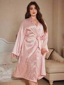 Pink Plus Size Women Long Robe Leopard Print Jacquard Bathrobe Kimono Homewear Nightwear - Pink - View 4