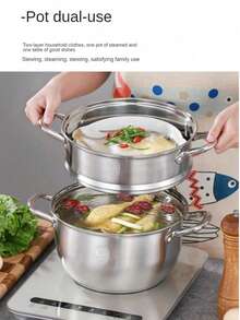 2layers Stainless Steel Steamer, SUS304 Material. Suitable For Making Soups, Seafood,Stews, Cream Soups And Small Cooking Pots, Gas Stoves And Induction Cookers Can Be Match - Silver - View 9