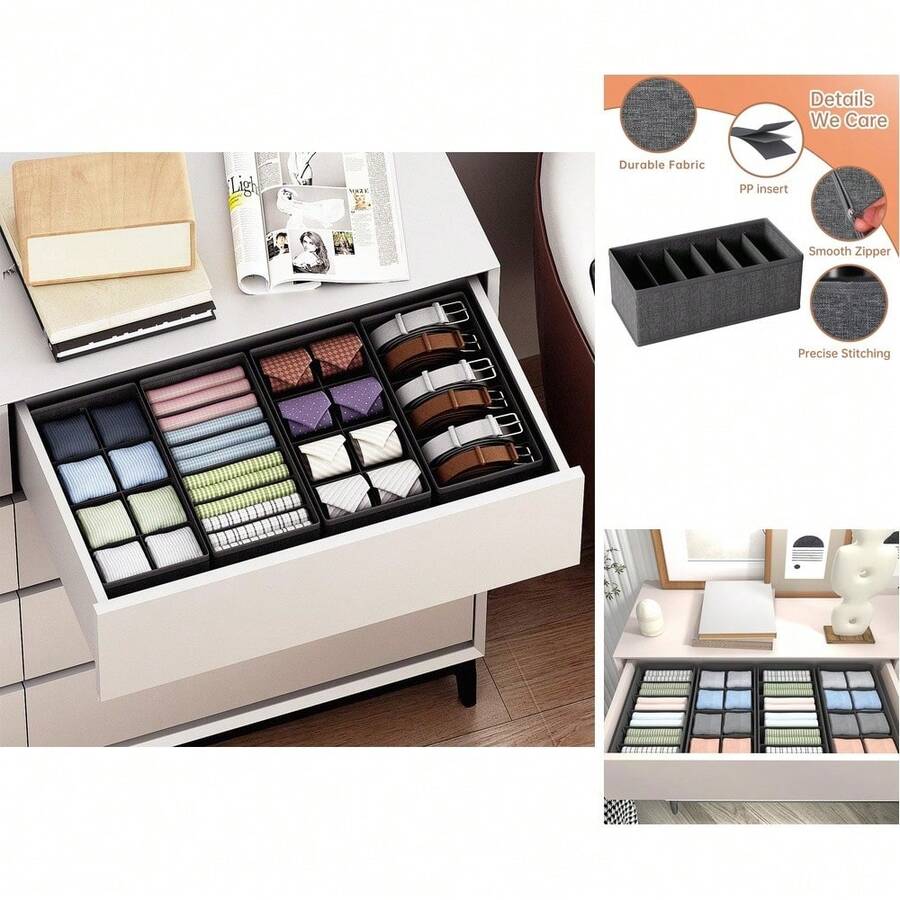 4 Pack Fabric Collapsible Drawer Organizers For Socks, Underwear, Clothes, Ties & Belts, B - Grey