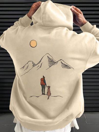 Men's Casual Sketch Print Hoodie With Pocket, Autumn/Winter