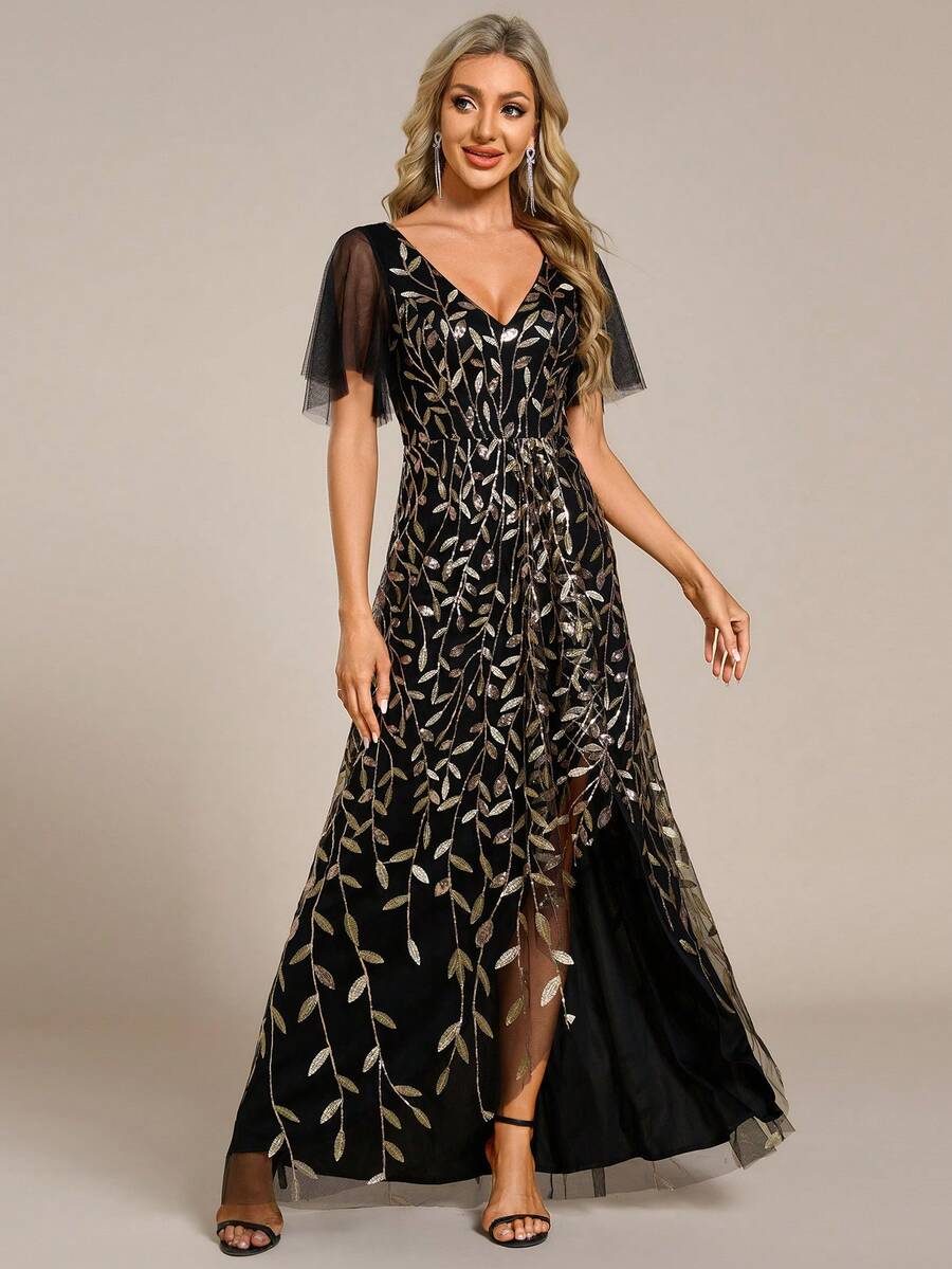 V-Neck Sequin Slit High Waist Bridesmaid Dress