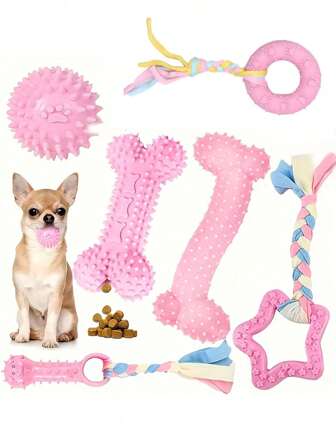 Set van 6 stuks kauwbestendige speeltjes voor kleine honden en puppy's, duurzaam en geschikt voor de ontwikkeling van de tanden en het reinigen van rubberen speeltjes