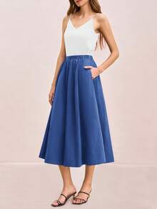 Womens A-Line Midi Skirt Elastic High Waist Pleated Flowy Swing Casual Long Skirt With Pocket - 藍色 - 查看 6