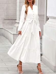 Women's  Fall Boho Maxi Dresses Long Sleeve V Neck Belted Ruffle A Line Long Flowy Dress With Pockets Fall Dresses For Women - 白色 - 查看 3