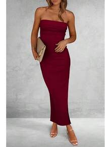 Women's Summer Bodycon Maxi Tube Dress Ribbed Strapless Side Slit Long Going Out Casual Elegant Party DressesHalloween Christmas New Year - 酒紅色 - 查看 6
