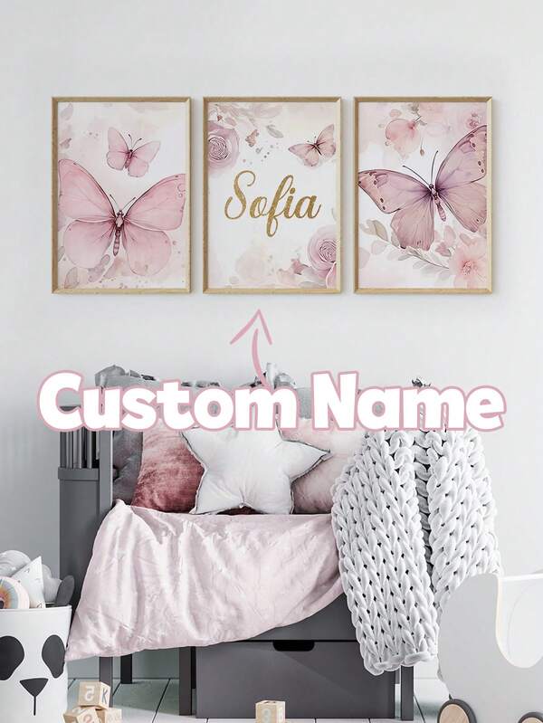 3 Stücke personalisierte, angepasste rosa Schmetterling Wandkunstdrucke, rosa Blumen, Blumenpflanzen Leinwandbilder mit Wunschname, schöner Minimalismus, Hängegemälde für Mädchenzimmer Dekoration, geeignet als Geschenk für Baby Mädchen, ohne Rahmen