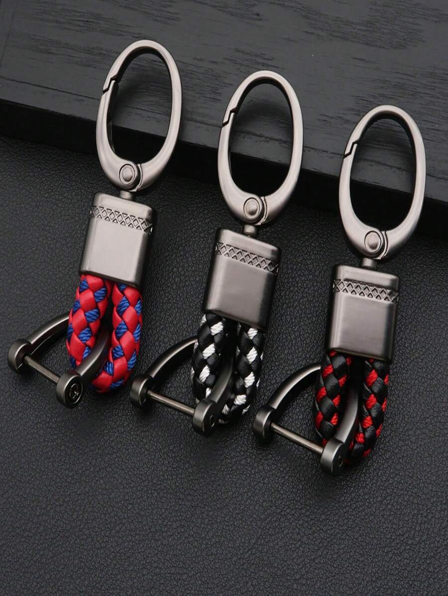 1 قطعة سلسلة مفاتيح من حبل جلد مُنسوج، سلسلة مفاتيح معدنية من سبيكة الزنك بنمط زهري للرجال، لوازم حقيبة ملونة بسيطة مع حامل بطاقة هوية، إكسسوارات للحقيبة والسيارة