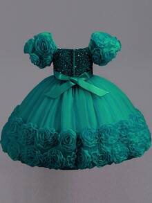 Girls' Floral Party Dress | 3D Embroidered Flowers On Sleeves & Hem With Sparkle Bodice | Special Occasion Gown For Birthday & School Events (2-7 Years) - 墨綠色 - 查看 2