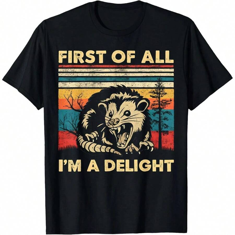 Top Quality Delightful Opossum Sarcastic Funny Possum Cotton Tee - MADE IN USA - Black - View 1
