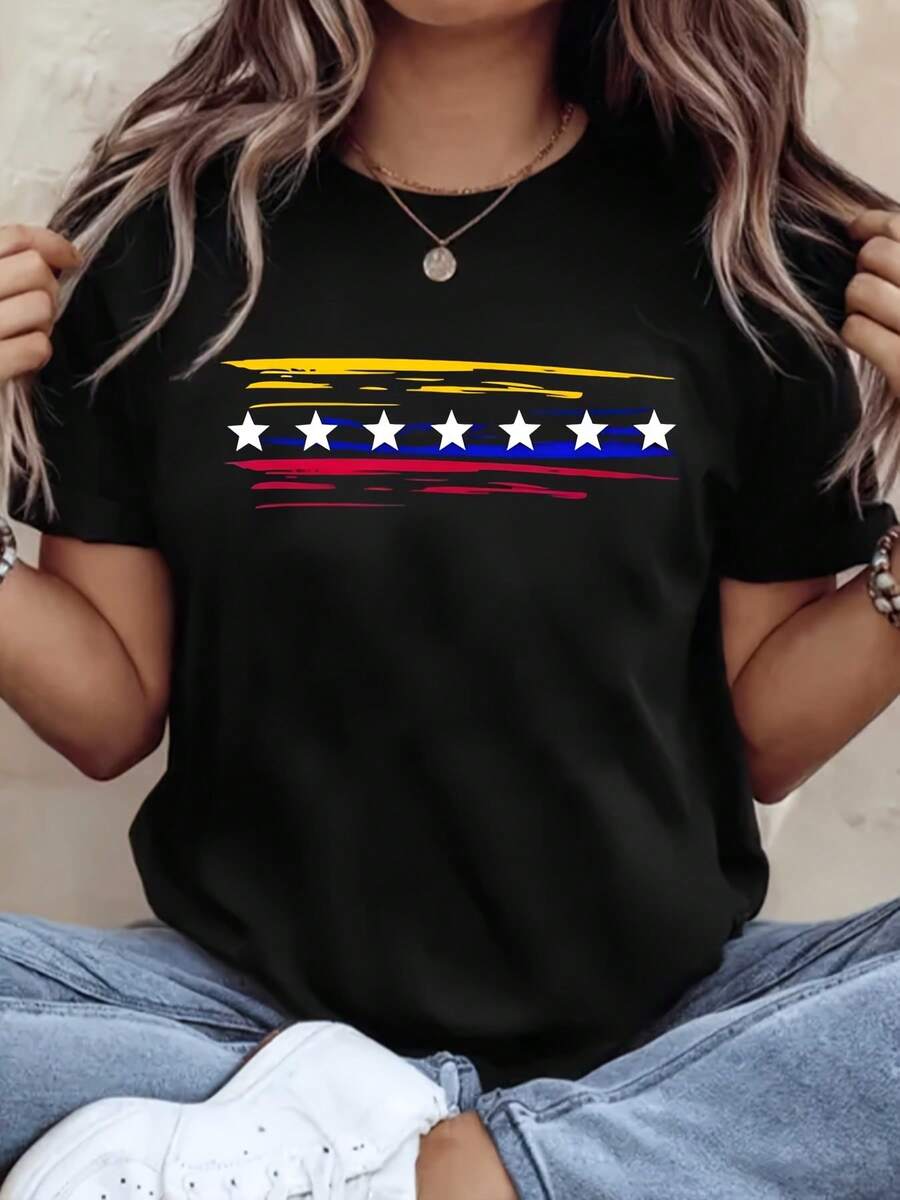 VenezuelaS Vintage Printed T-Shirt, Plus Size Round Neck Short Sleeves, Loose Fit, Perfect Gift - màu đen - Xem 1