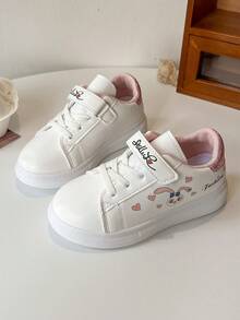 1 Pair Back-To-School Casual & Fashionable Kids' Skateboard Shoes, White Main Color, Adorable Cartoon Pattern On Side, Pink Heart Decor, Soft, Lightweight, Comfortable, Pink Details On Upper & Heel, Convenient Hook And Loop Closure, Sweet & Playful Style, Suitable For Kids' Daily Wear, Indoor/Outdoor, Play, Festivals, Etc. - Pink - View 6