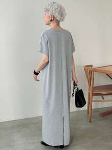 FRIFUL Abito lungo estivo casual da donna con cerniera metallica, colore unito, manica corta, ampio, abito da laurea per signore - Grigio Chiaro - Visualizzare 4