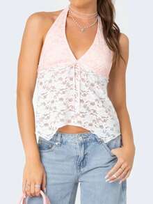 Women's Lace Deep V Neck Sleeveless Crop Tank Top Summer Going Out Tops Ruched Basic Tunic Lace Tops - Pink - View 2