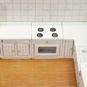 1/12 Scale Miniature Wooden Dollhouse Furniture Kitchen Toy Set - Includes Cabinet, Refrigerator, Stove, Sink And Counter, Suitable For Doll House Decoration, Pink Combination