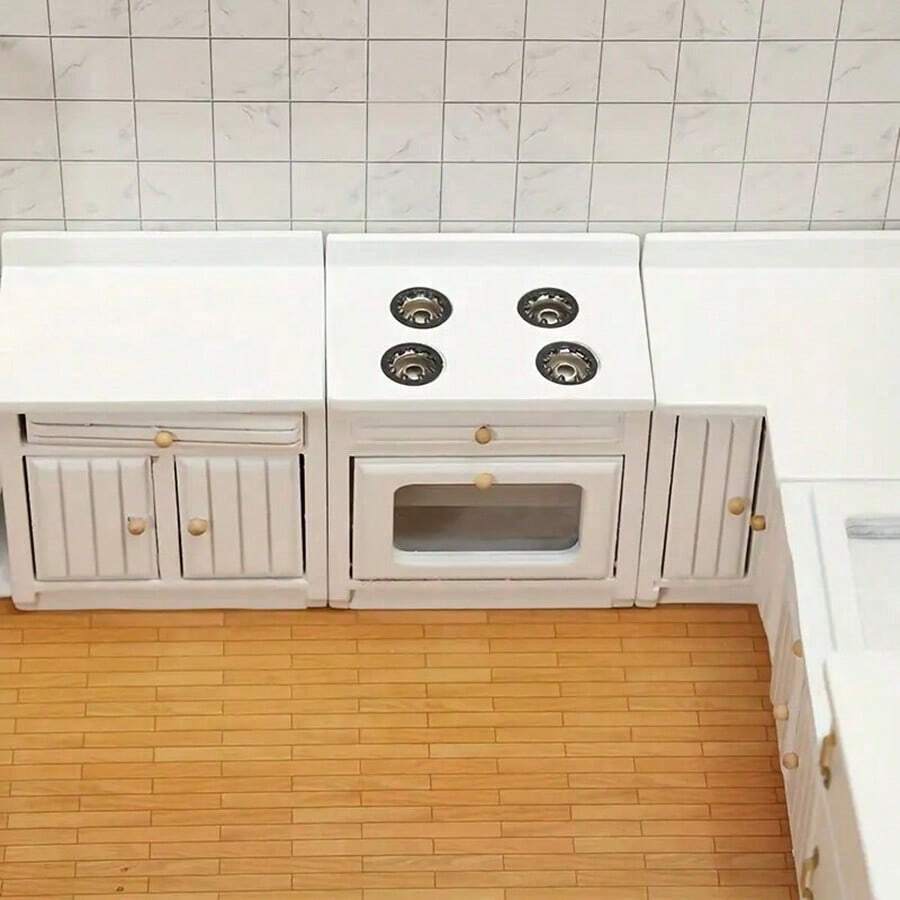 1/12 Escala Muebles de Cocina de Juguete Miniatura de Madera para Casa de Muñecas - Incluye Gabinete, Refrigerador, Estufa, Fregadero y Mostrador, Adecuado para Decoración de Casa de Muñecas, Combinación Rosa