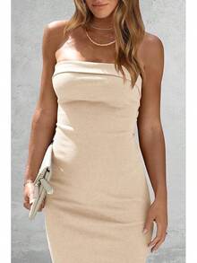 Women's Summer Bodycon Maxi Tube Dress Ribbed Strapless Side Slit Long Going Out Casual Elegant Party DressesHalloween Christmas New Year - 米色 - 查看 3