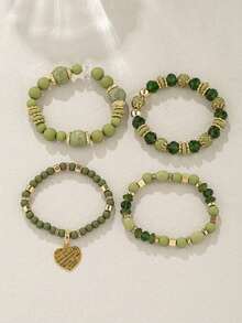 4 exquisitos y modernos colgantes de aleación con cuentas en color verde oliva. Este conjunto de pulseras de cuentas para mujer es ideal para uso diario, eventos informales, banquetes y fiestas. - Verde - Ver 4