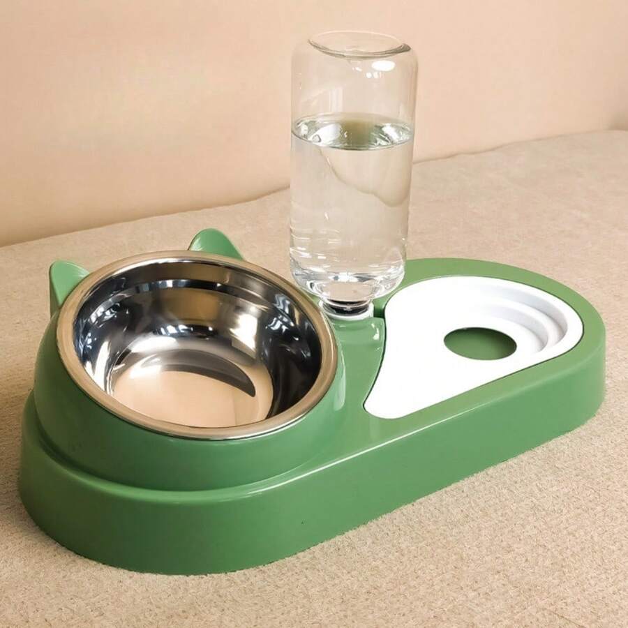 宠物双碗架 - 自动饮水猫/狗碗，颈部保护倾斜设计，防溢食物和水碗组合，不锈钢/陶瓷选项