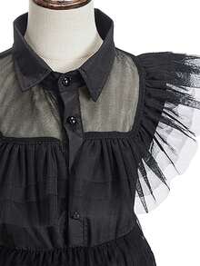 3pcs/Set Girls Black Mesh Ruffle Collar Sleeveless Dress Crown Magic Wand Set Children Witch Costume Girls Role Play Outfit Carnival Halloween Stage Performance Costume Book Week Costume - Black - View 7