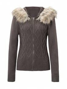 Y2K Casual Street Style Commuting Solid Color Zipper Hooded Patchwork Wool Collar Wool Cardigan Jacket, Suitable For Christmas & Autumn - Brown - View 3