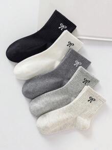 5/10双儿童袜子纯色蝴蝶结图案女童四季可爱休闲简约日常旅行可穿儿童中筒袜