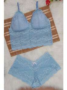 Simple Backless / Backless Openwork Fabric Contrast Lace - Baby Blue - View 2