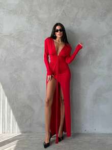 Women's Elegant Solid Color Backless Split Hem Ruffle Formal Party Evening Dress, Suitable For Wedding And Formal Dinner - Red - View 1