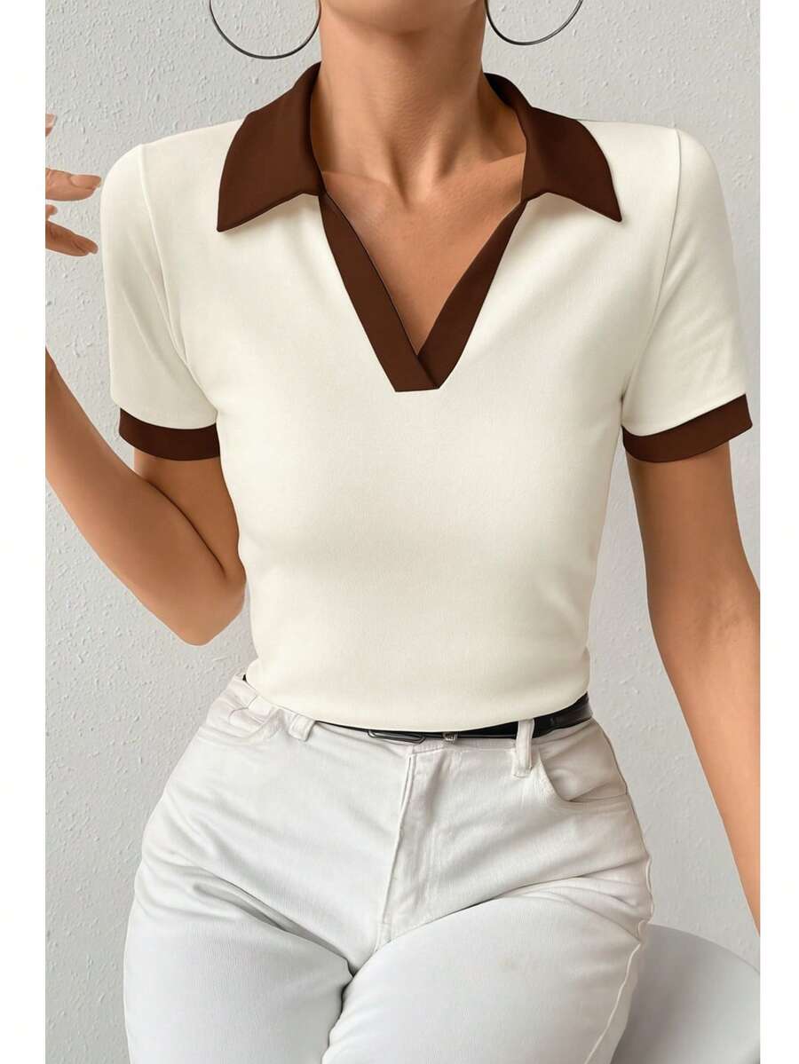 Women's Two-Tone Polo Shirt, Short Sleeve, Ribbed, Cotton, Simple, Casual, Knitted, Daily - CỔ ÁO NÂU NGOÀI TRỜI - Xem 1